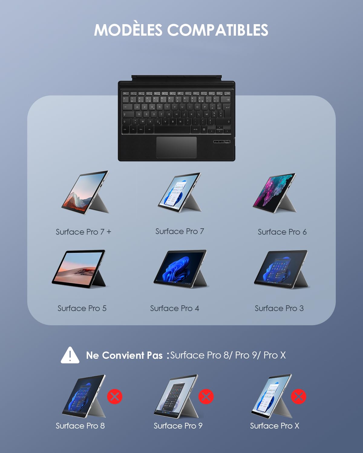 Clavier Français pour Microsoft Surface Pro 7 Plus/7/6/5/4/3, AZERTY sans Fil Bluetooth, Type Cover avec Pavé Tactile et Batterie Rechargeable-Noir