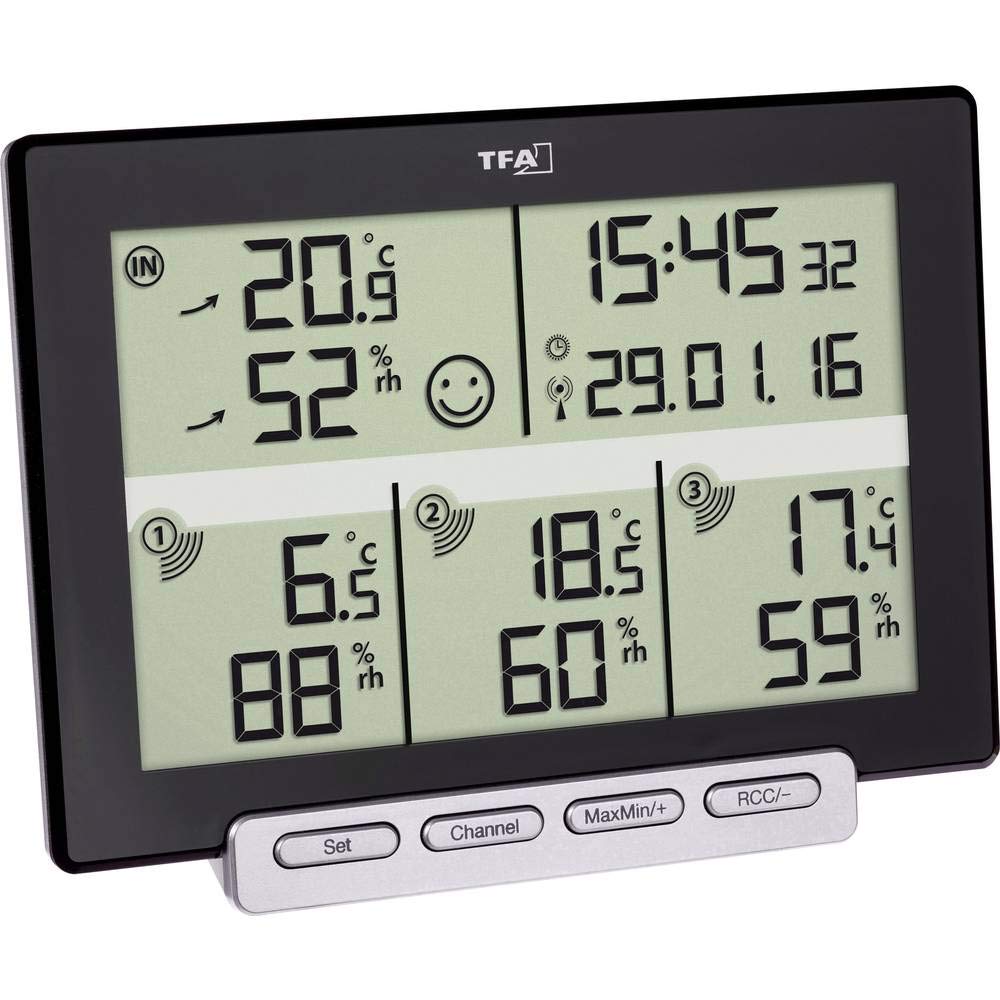 TFA Dostmann Multi-Sens Funk-Thermo-Hygrometer, mit 3 Sendern, zur Kontrolle von Raum- und Außenklima, Tendenzanzeigen, Höchst- und Tiefstwerte, L 157 x B 42 x H 120 mm