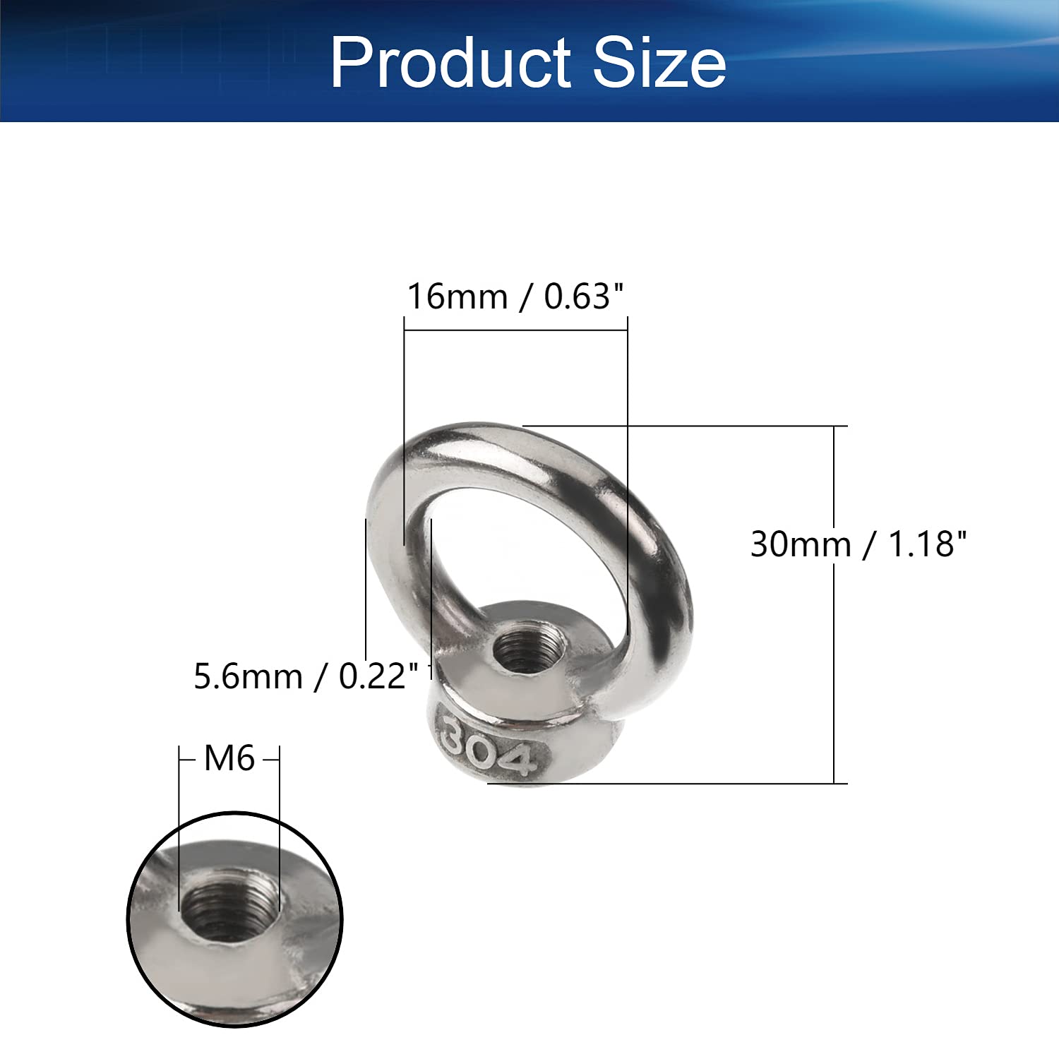Jutagoss Lifting Eye Nut M6 Female Thread 304 Stainless Steel Round Shape for Rope Fitting Silver Tone 20Pcs