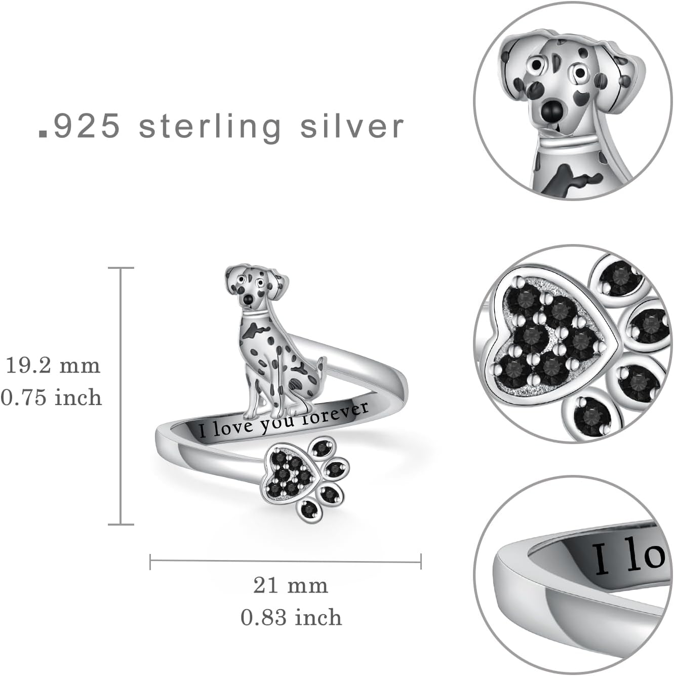 Dalmatian Gifts 925 Sterling Silver Dalmatian Ring Cute Animal Dog Jewelry Gifts for Women