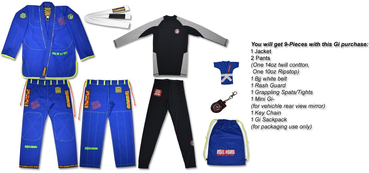 ROLL HARD Ultima 2.0 BJJ Kimonos GI with 2 Pants & Compression wear COMBO (Blue, A0)