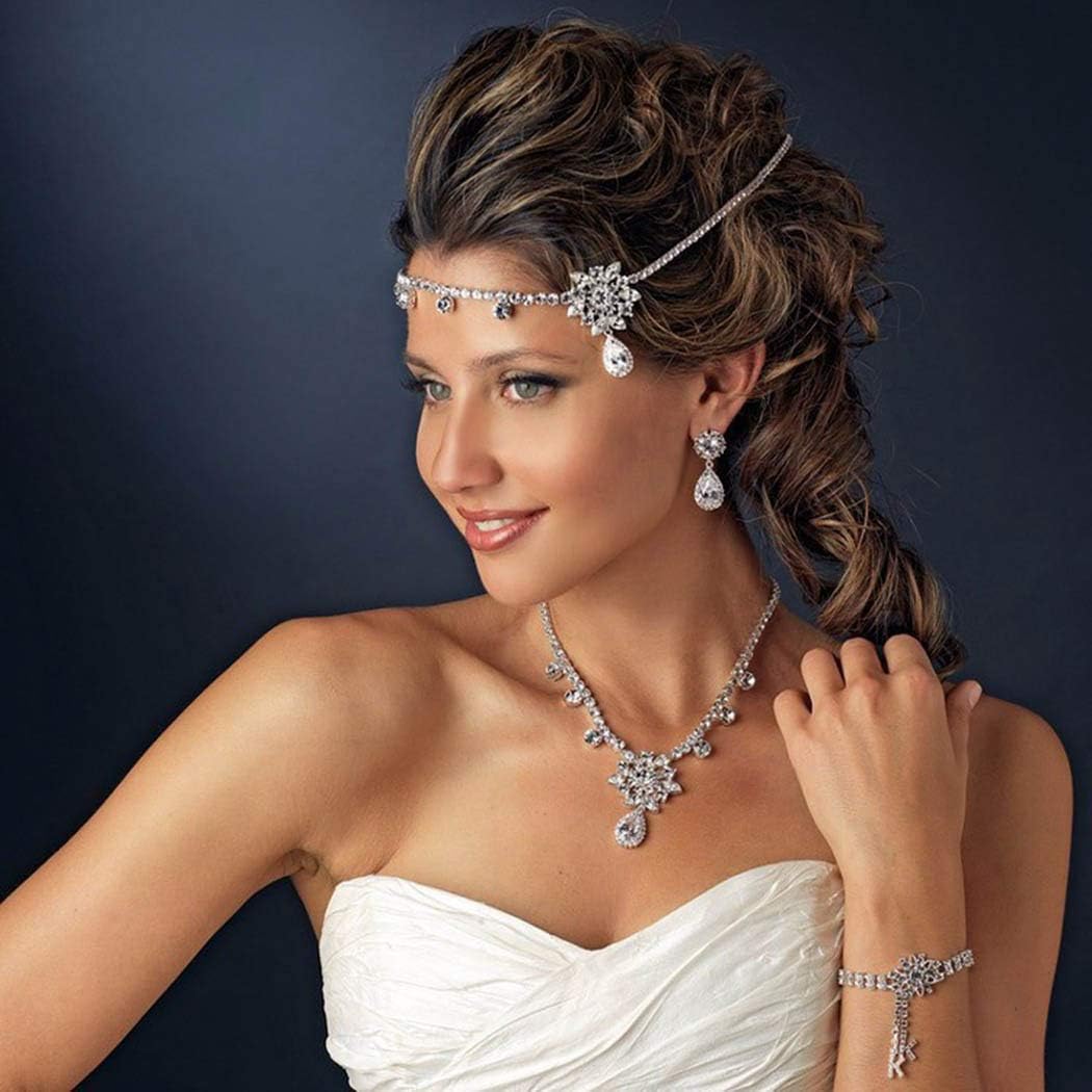 Catery Bride Wedding Headbands Jewelry Flower Crystal Hair Chain Boho Wedding Headpiece Head Chain Spring Summer Christmas Head Chain Silver Hair Jewelry for Women and Girls