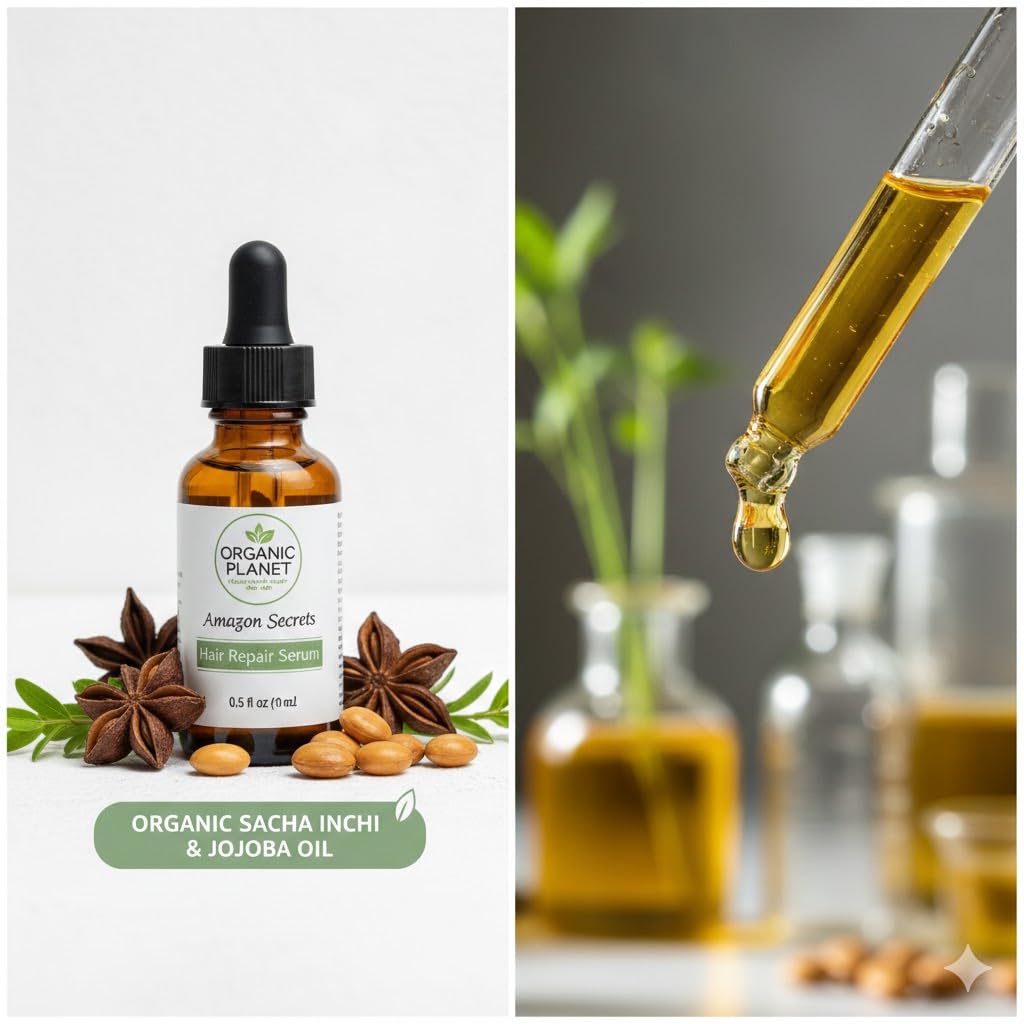 Amazon Secrets Hair Repair Serum - Organic Sacha Inchi & Jojoba Oil for Frizz Control, Shine & Color Protection - Anti-Fade Hair Treatment for All Hair Types - 0.5 Fl Oz