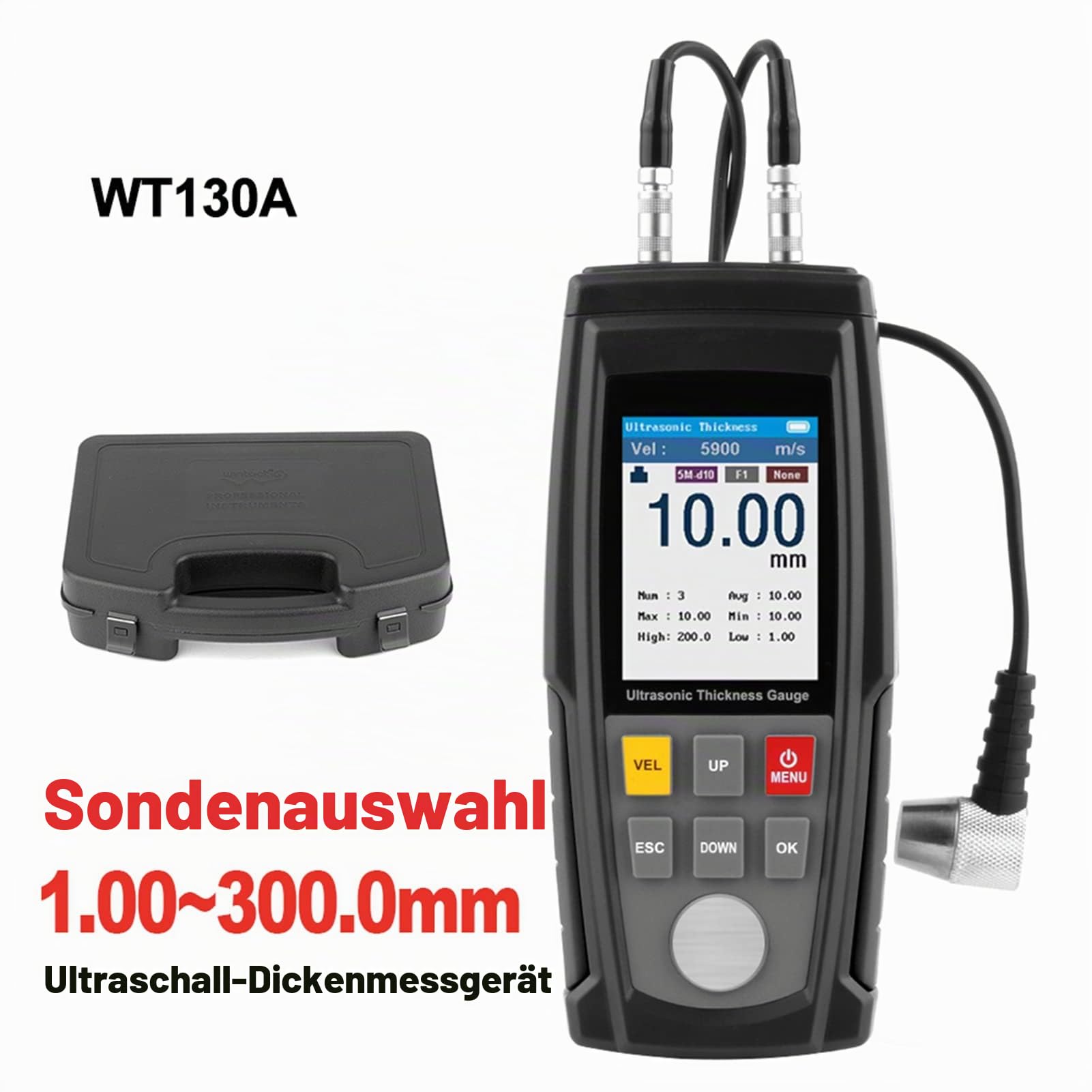BuyWeek Ultraschall Dickenmessgerät, WT130A Digitales Ultraschall Dickenmessgerät Handheld Ultraschall Dickenmesser 1,00–300,0 mm Messbereich