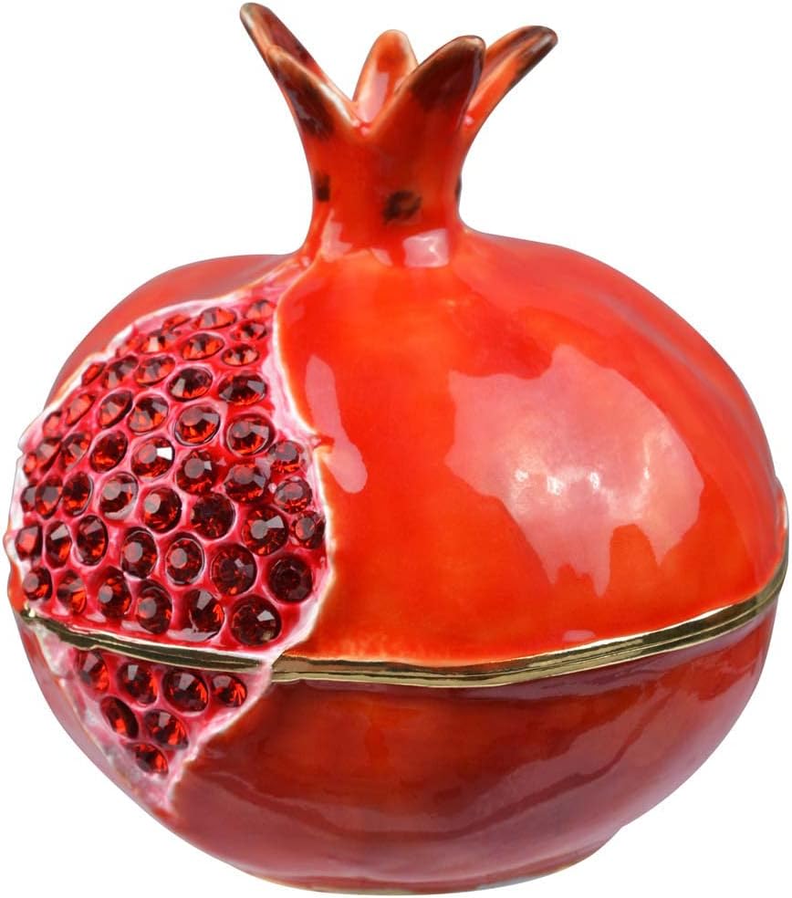 Trinket Box Pomegranate Fruit Gold Plated Crystal Enameled Jewelry Holder Small Home Decor Gifts for Women, Men