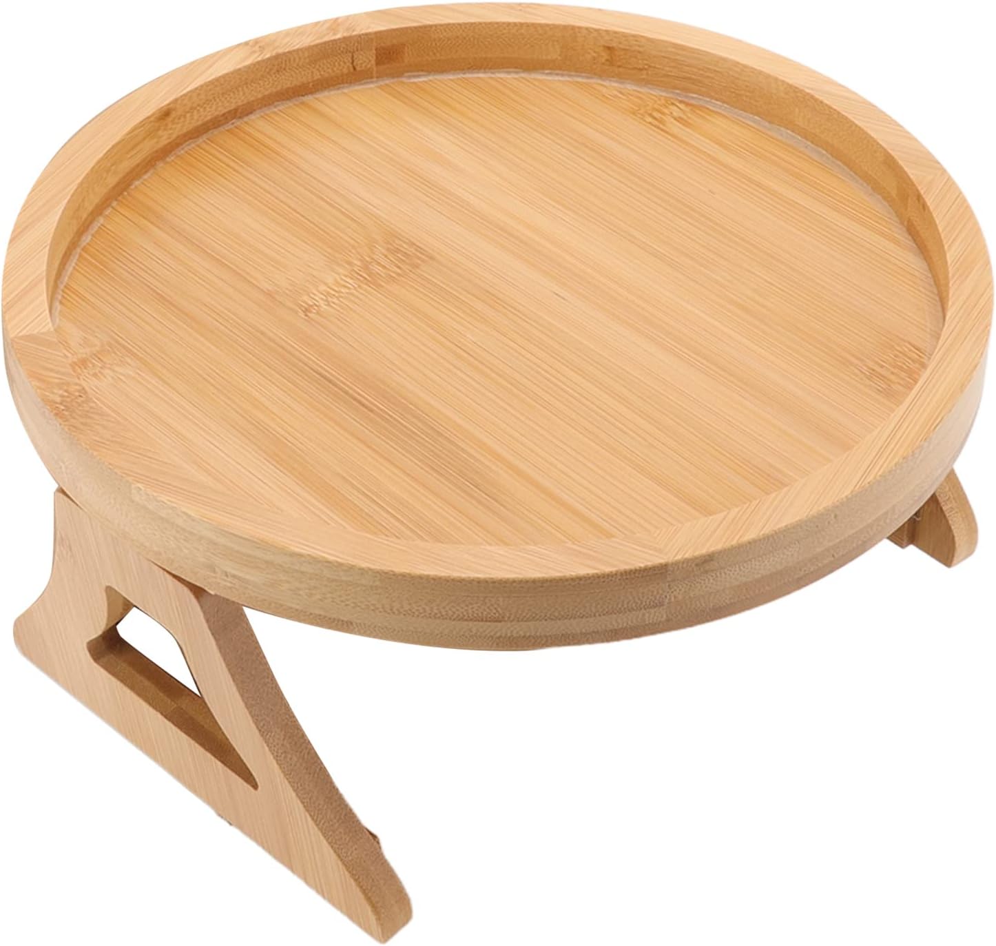 Tissting Wood Round Sofa Tray 9.65in x 4.72in - Clip on Side Table with Foldable Leg for Coffee, Tea, Snacks, Remote Controls, Living Room, Apartment, Dorm