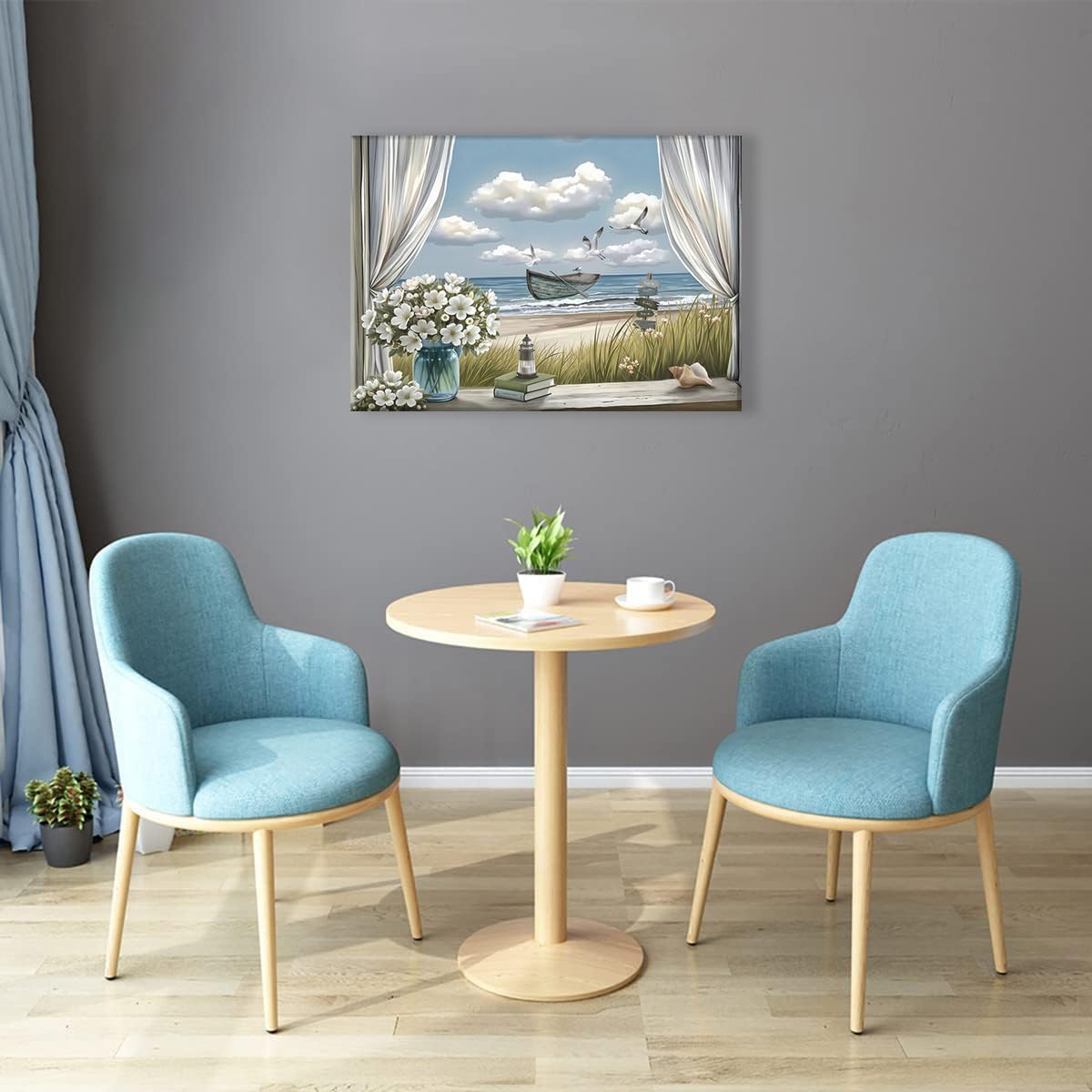 Beach Theme Paintings Canvas Wall Art,Framed Beach Wall Art, Blue Ocean Canvas Prints, Relaxing Seaside Paintings, Ocean Seagull Seascape Wall Decor for Bathroom T Dining Room Bedroom Living Room Ready to Hang 12x16 Inches.
