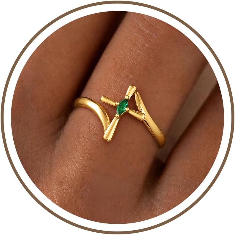 Cross Birthstone Gold Rings for Women Trendy 14K Gold Plated Ring | Statement Non Tarnish Band, Dainty Unique Emerald Thumb Ring, Cubic Zirconia Waterproof Jewelry, Personalized Gift for Her