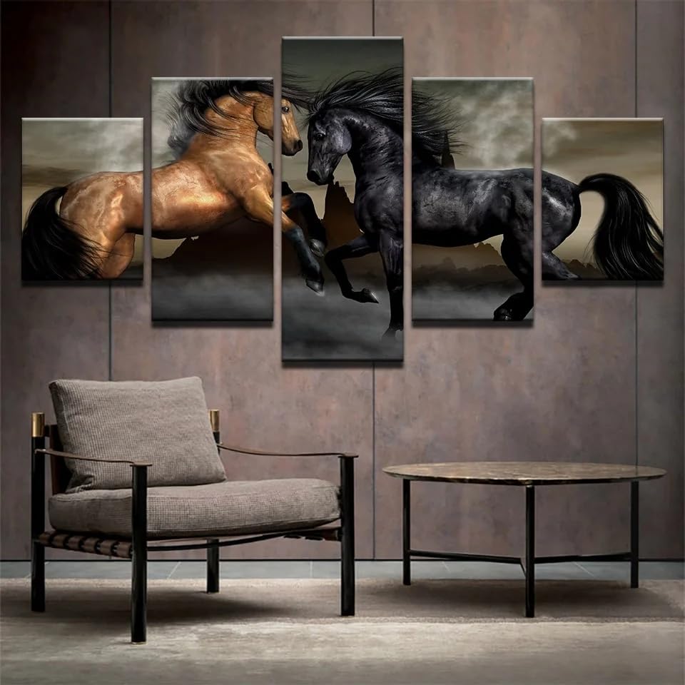 Tableau chevaux marron et noir XXL pour décoration de salon moderne 5 pièces