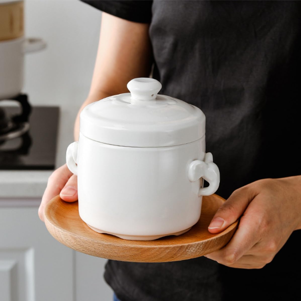 STOBAZA Ciotola per Stufato in Ceramica con Coperchio 1100ml, Pentola Multifunzione per Zuppa e Dessert, Design Classico Semplice per Uso Domestico
