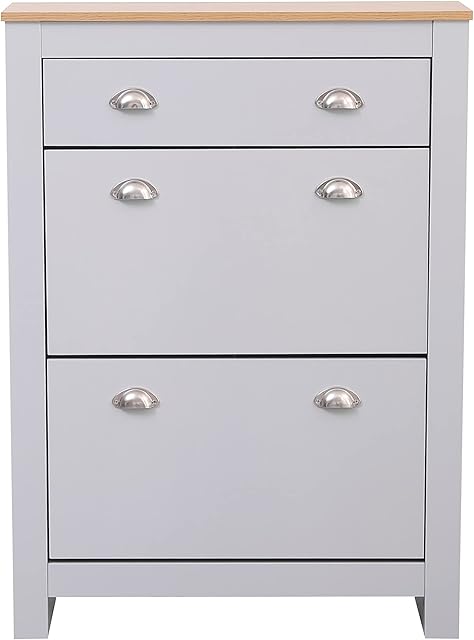 ALPHA Wooden Shoes Cabinets with 1 Drawer and 2 Doors Slim Shoes Storage Unit Hallway Cabinet Footware Shoes Racks Grey and Oak Color