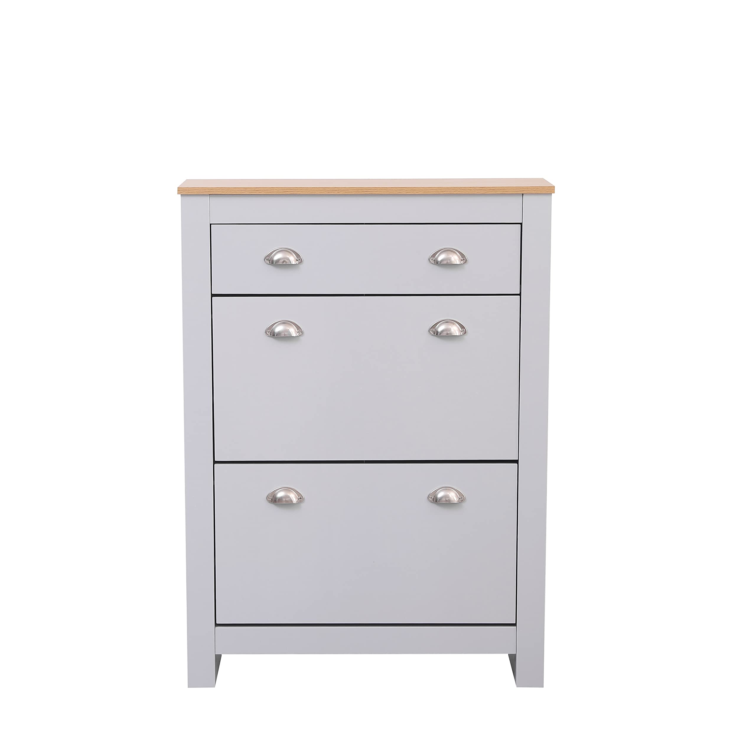 Alpha Wooden Shoes Cabinets with 1 Drawer and 2 Doors Slim Shoes Storage Unit Hallway Cabinet Footware Shoes Racks Grey and Oak Color