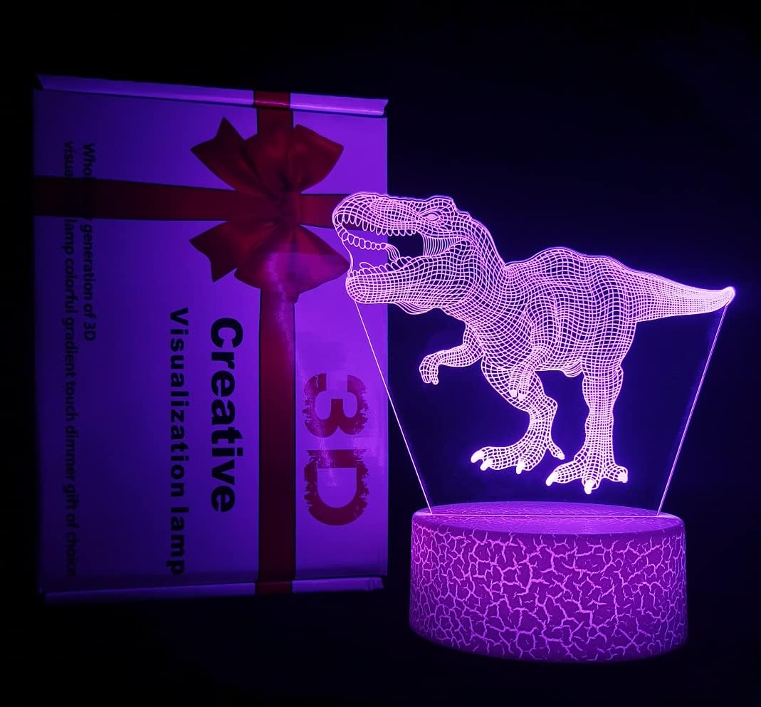3D Hologram Dinosaur Night Light, 4 Patterns, Dimmable Remote/Smart Touch, 16 Color Changing Light, T-Rex Bedside Desk Lamp, Gift for Dinosaur Lovers