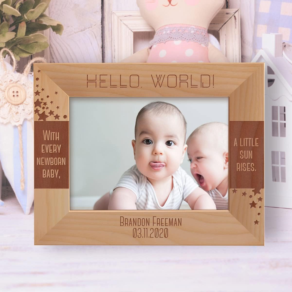 With Every Newborn Baby A Little Sun Rises Personalized Wooden Frame 5" x 7" Brown (Vertical)