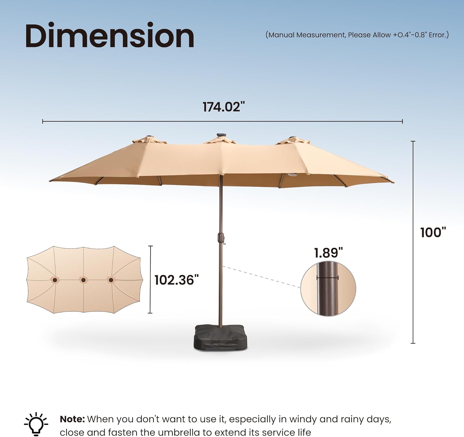 ovios 15ft Large Patio Umbrella with Base & Solar Lights, Double-Sided Outdoor Rectangle Umbrellas with 38 RGB Lights, Umbrella for Outside with Stand,Tan
