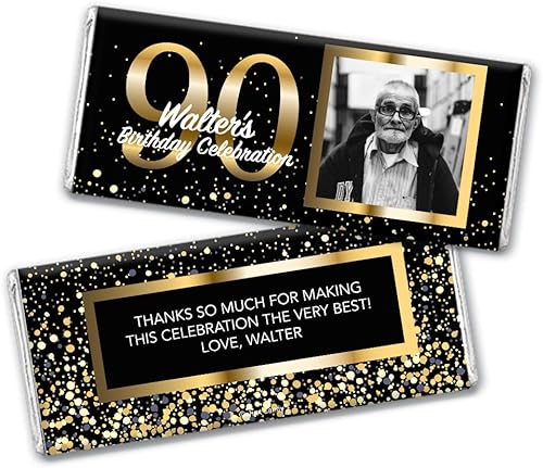 Miniatura 2 de 25 envoltorios personalizados para barra de dulces de cumpleaños número 90 con foto para regalos de fiesta (25 envoltorios), caramelo no incluido