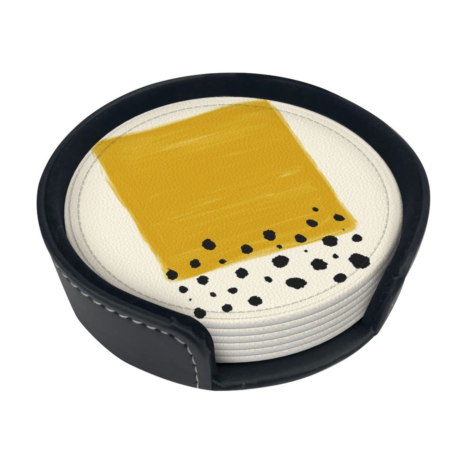 Coasters Set Of 6 Mustard Yellow And Black Print Leather Coasters For Drinks,Home Décor And Housewarming Gift