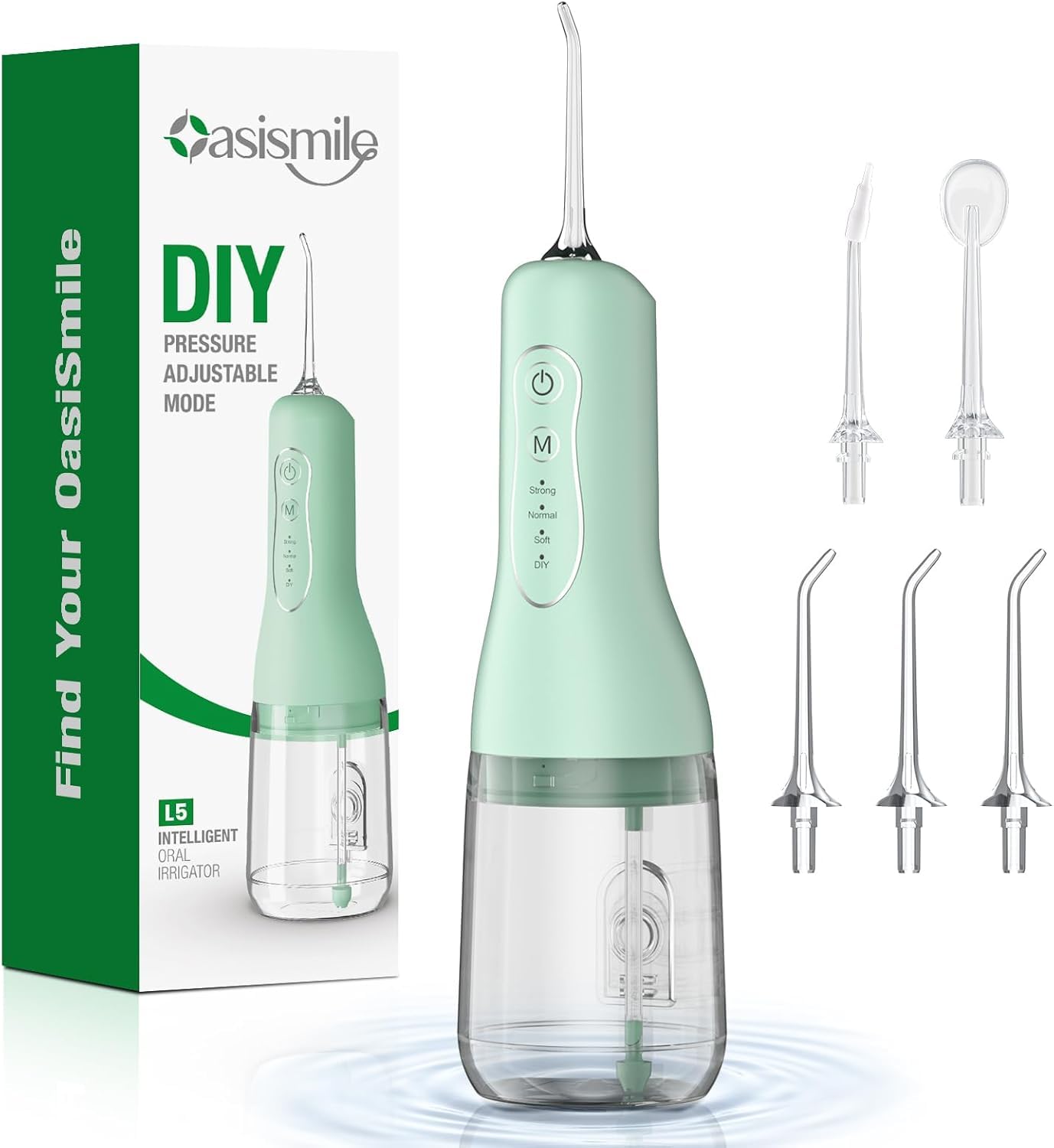 Kabellos Elektrisch, Munddusche Testsieger 2026 mit 300ml Wassertank, 4 Modi & 5 Düsen, 40 Tage, IPX7 Wasserdicht Oral Irrigator zur Tägliche Tiefenreinigung für Zahnpflege zuhause & Reisen. Grün