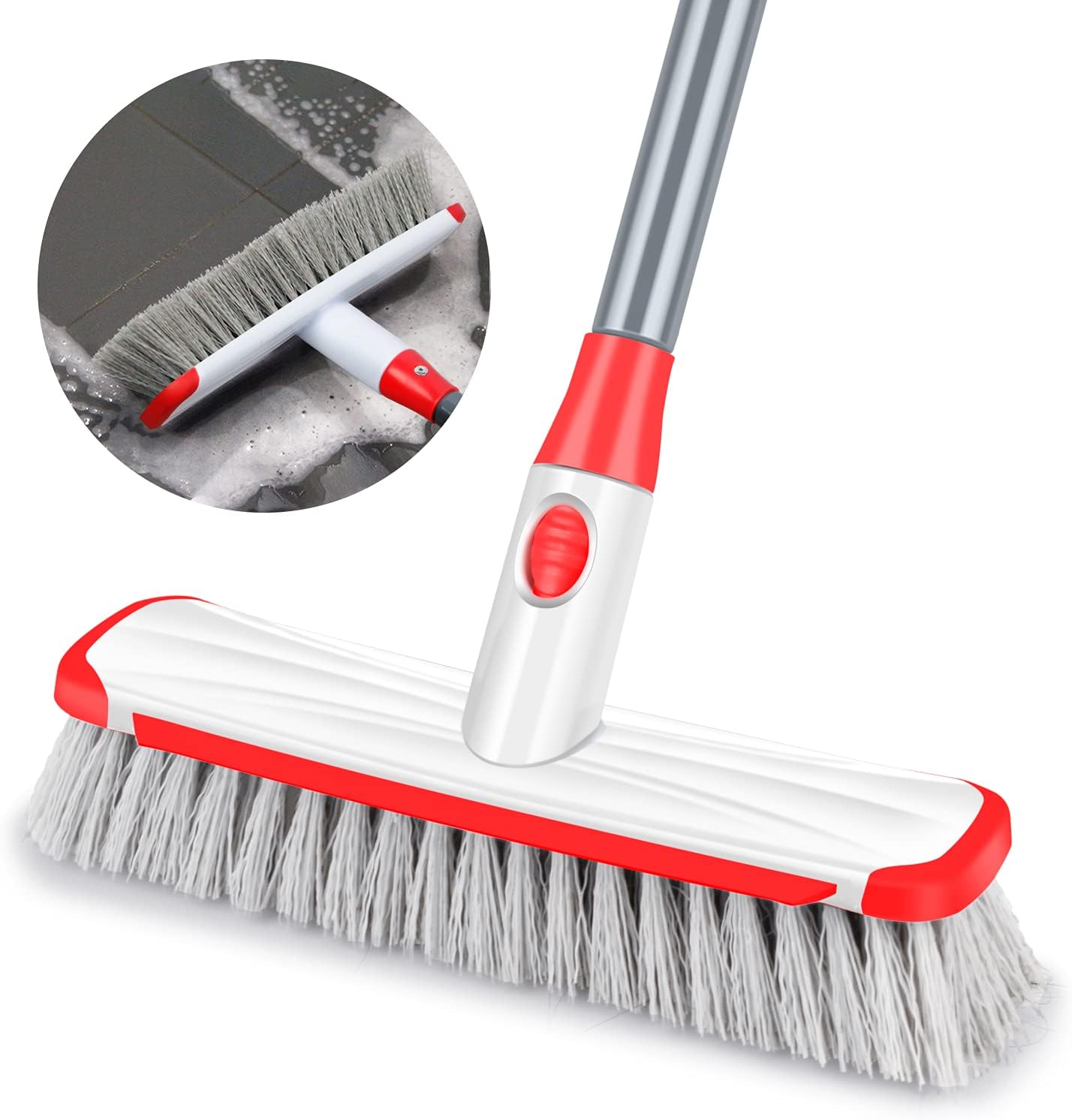 Floor Scrub Brush with Long Handle, Scrubbing Brush Squeegee Broom for Cleaning, 2 in1 Stiff Bristle Shower Scrubber Floor Squeegee for Pool Wall Tile(White)