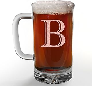 Etched Monogram 16oz Glass Beer Mug (Letter B), A-Z Customized Beer Gifts for Men, Personalized Beer Glasses, Custom Engraved Birthday Gifts for Him, Initial, Name, Husband Dad, Regalos Personalizados