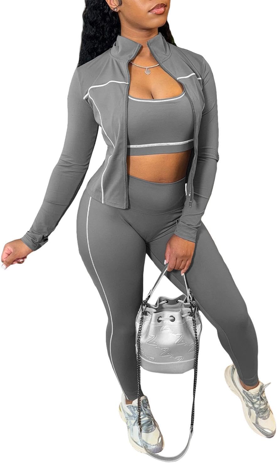 Women’s 3 Piece Workout Set, Sports Bra, Leggings & Jacket, Yoga Outfit Activewear for Gym Running Training