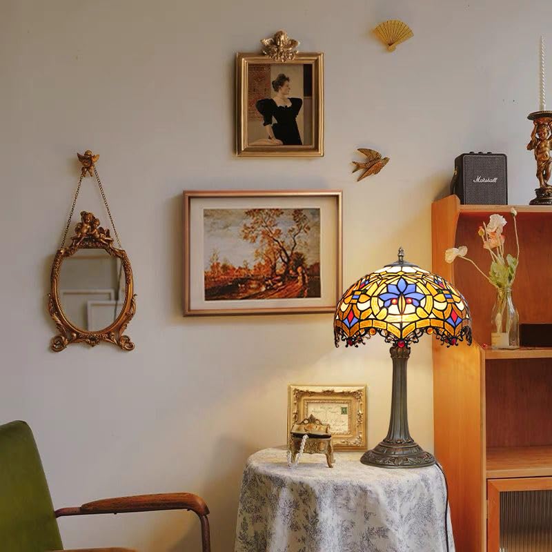 Image of Tiffany Lamp Stained Glass Table Lamp Antique Desk Light for Bedside Nightstand Bedroom Living Room Home Office Unique Cute Accent Decor Light Include LED Bulb