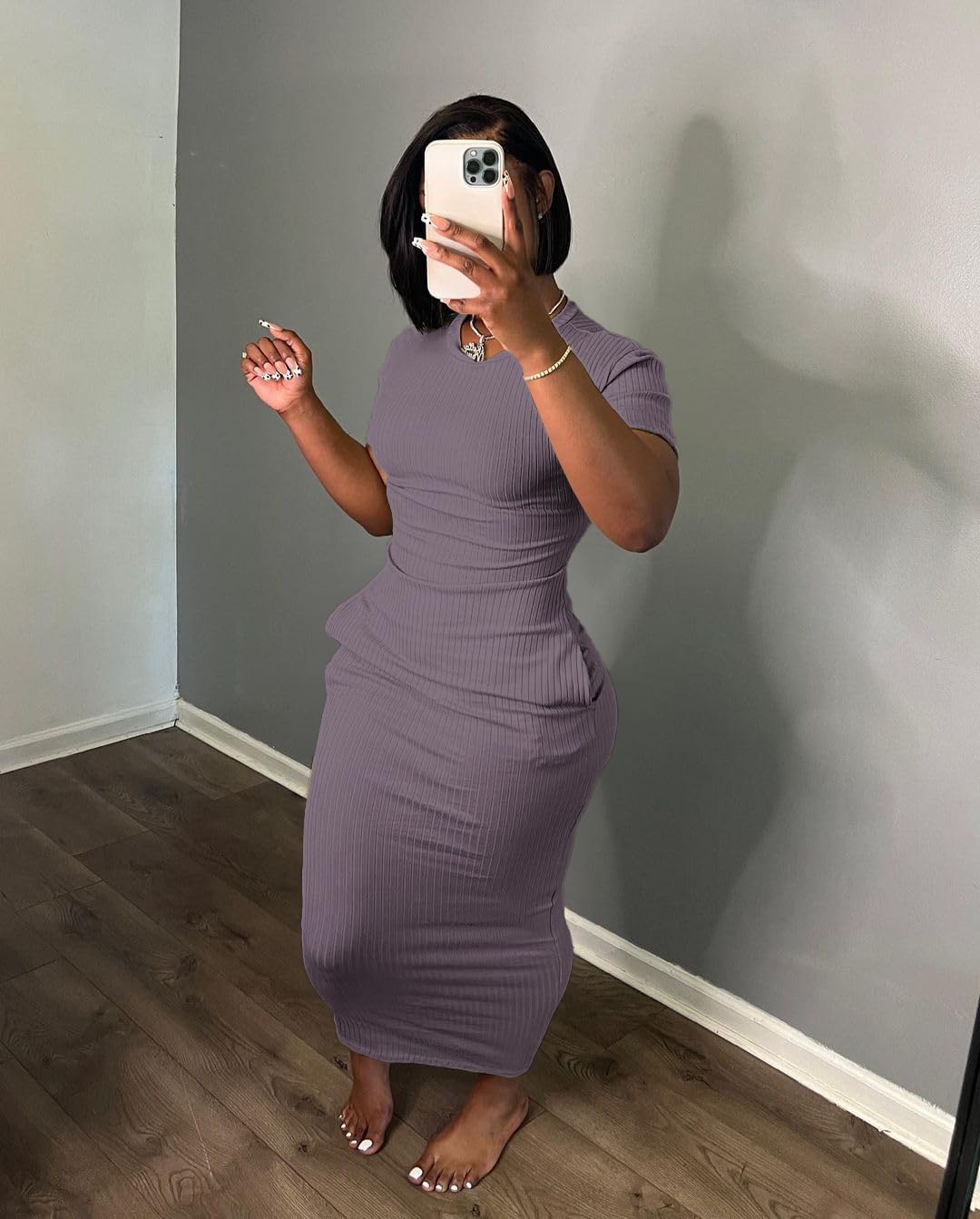 Women's Short Sleeve Dress T Shirt Bodycon Ribbed V Neck Maxi Sundress Basic Party Club Night Out Dress-Purple-XXL - Image 2