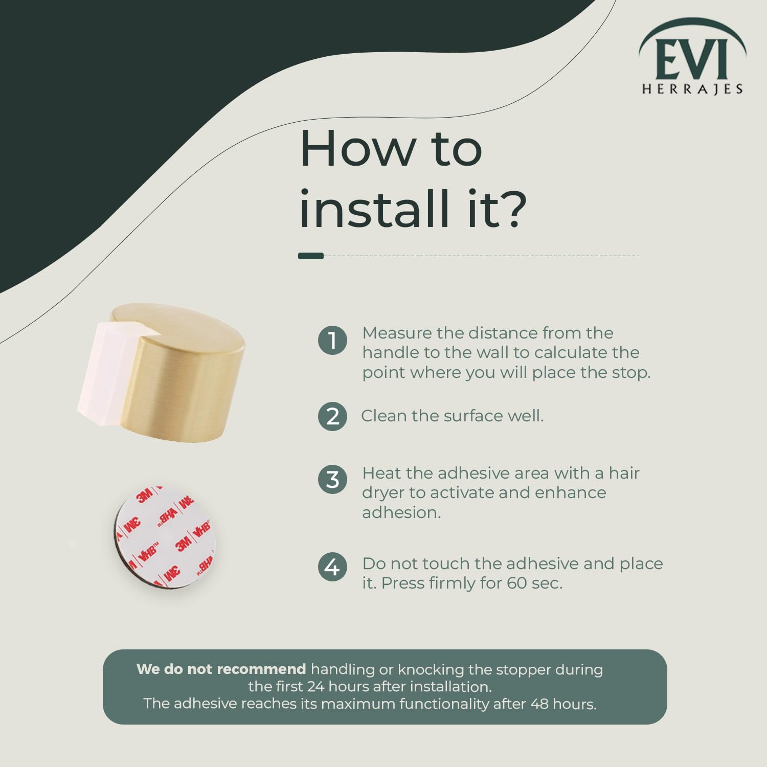 EVI Door Stoppers | Brass Door Stop - Adhesive Fastening - White Protector Rubber - 1.1 x 0.79 Inch Door Stopper