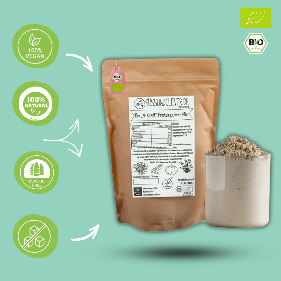 süssundclever.de® Bio "4-Kraft" Proteinpulver-Mix | 3,0 kg (3 x 1,0 kg) | vegan | 75% Protein | Reisprotein, Erbseprotein, Hanfprotein & Kürbiskernprotein