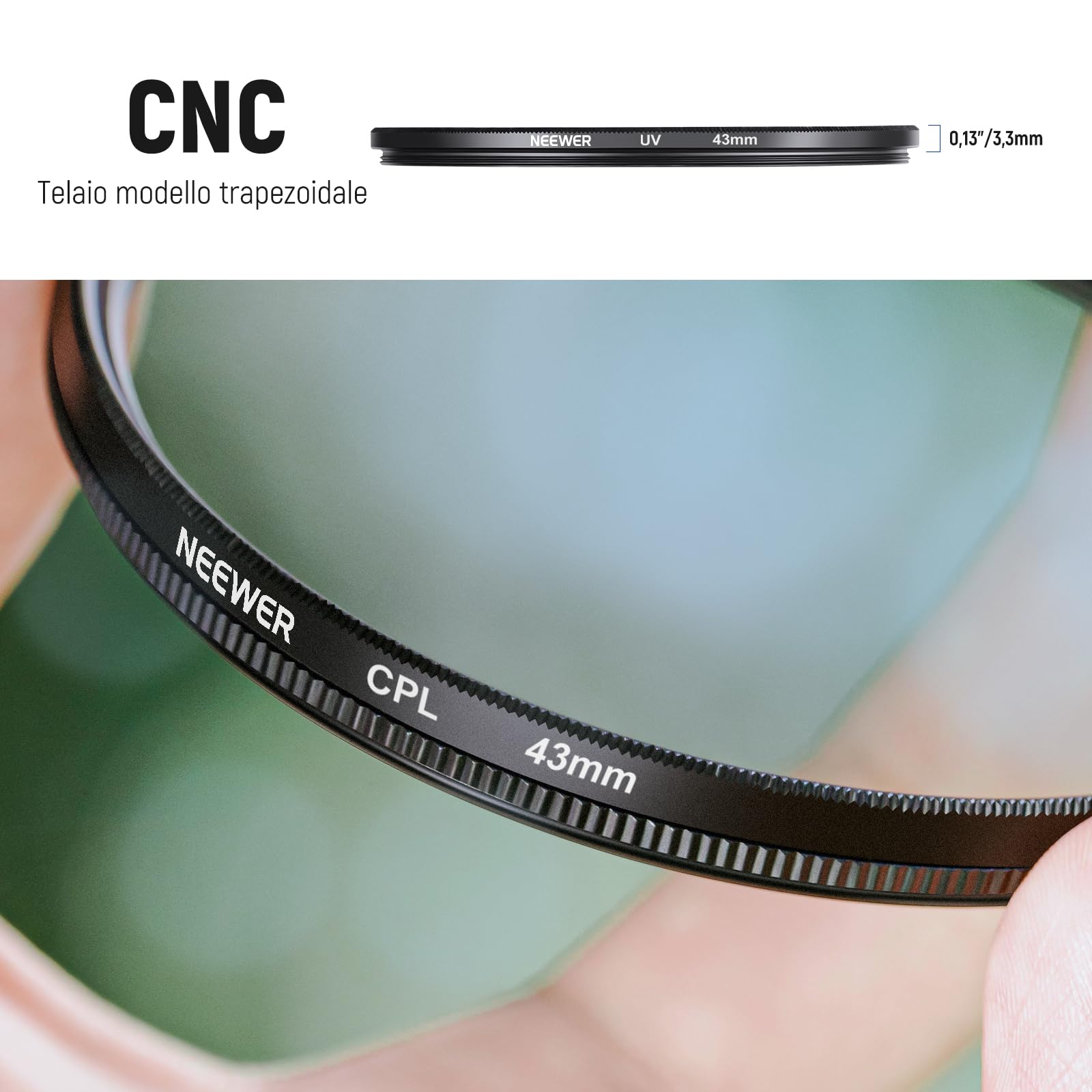 NEEWER Kit di Filtro per Obiettivo da 43mm: UV, CPL, FLD, ND2, ND4, ND8, Paraluce e Copriobiettivo Compatibile con Canon Nikon Sony Panasonic Fotocamere DSLR con Obiettivo da 43mm