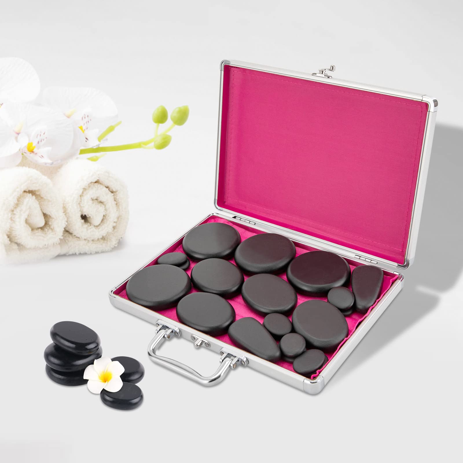 Set de masaje de piedra caliente (18 unidades, portátil, con caja de calefacción)
