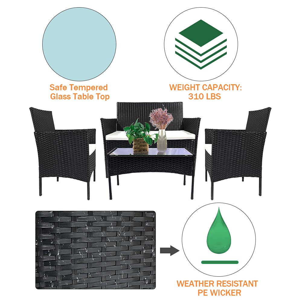 bigzzia Conjuntos de Muebles de Jardín Exterior en Ratán 4 Piezas Juego de Muebles de Jardín para 4 Personas Incluido 1 Sofá 2 Sillones 1 Mesa