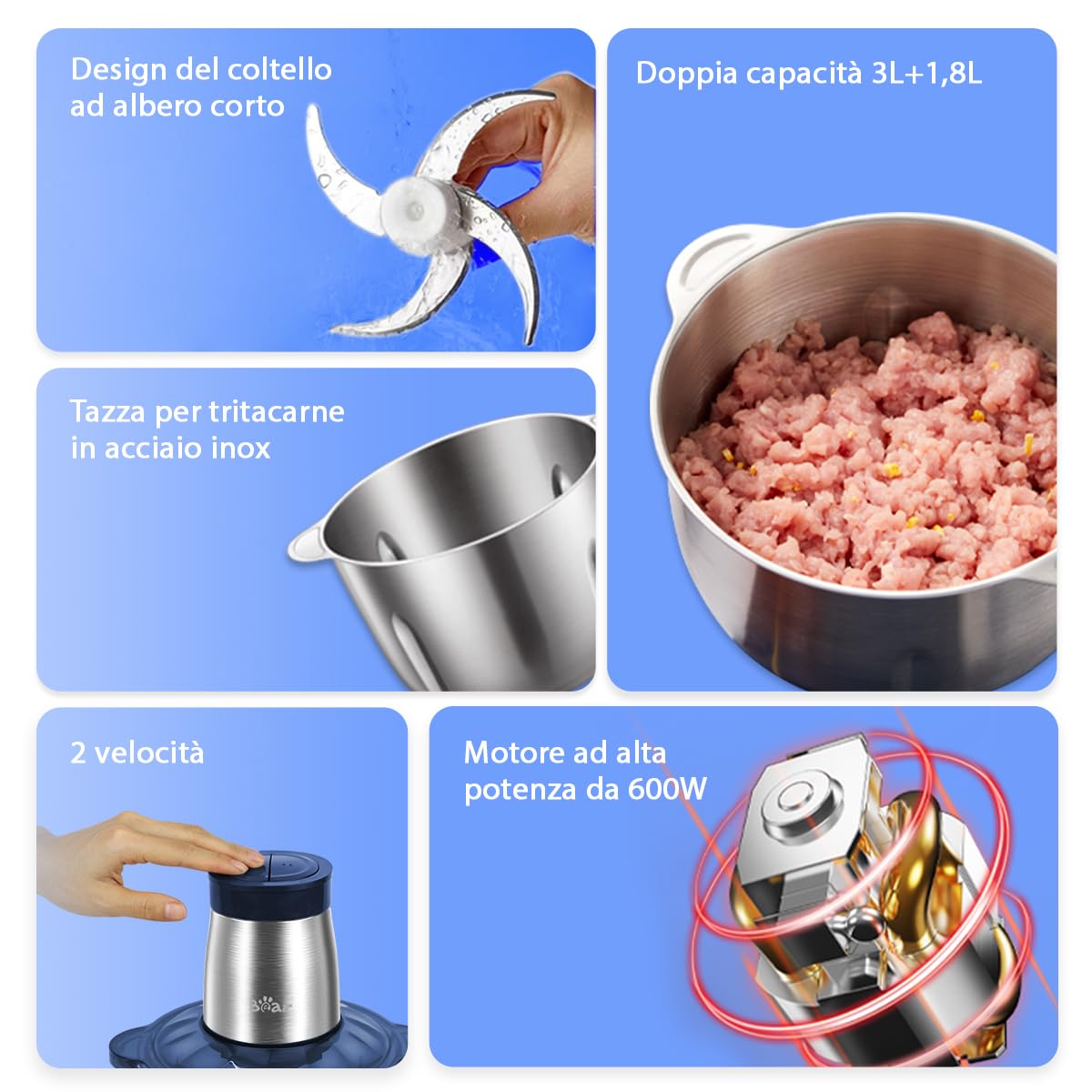 Tritatutto Bear 2L+1.8L, 600W - 2 Velocità, Lame Acciaio, Per Carne E Verdure - Foto 5