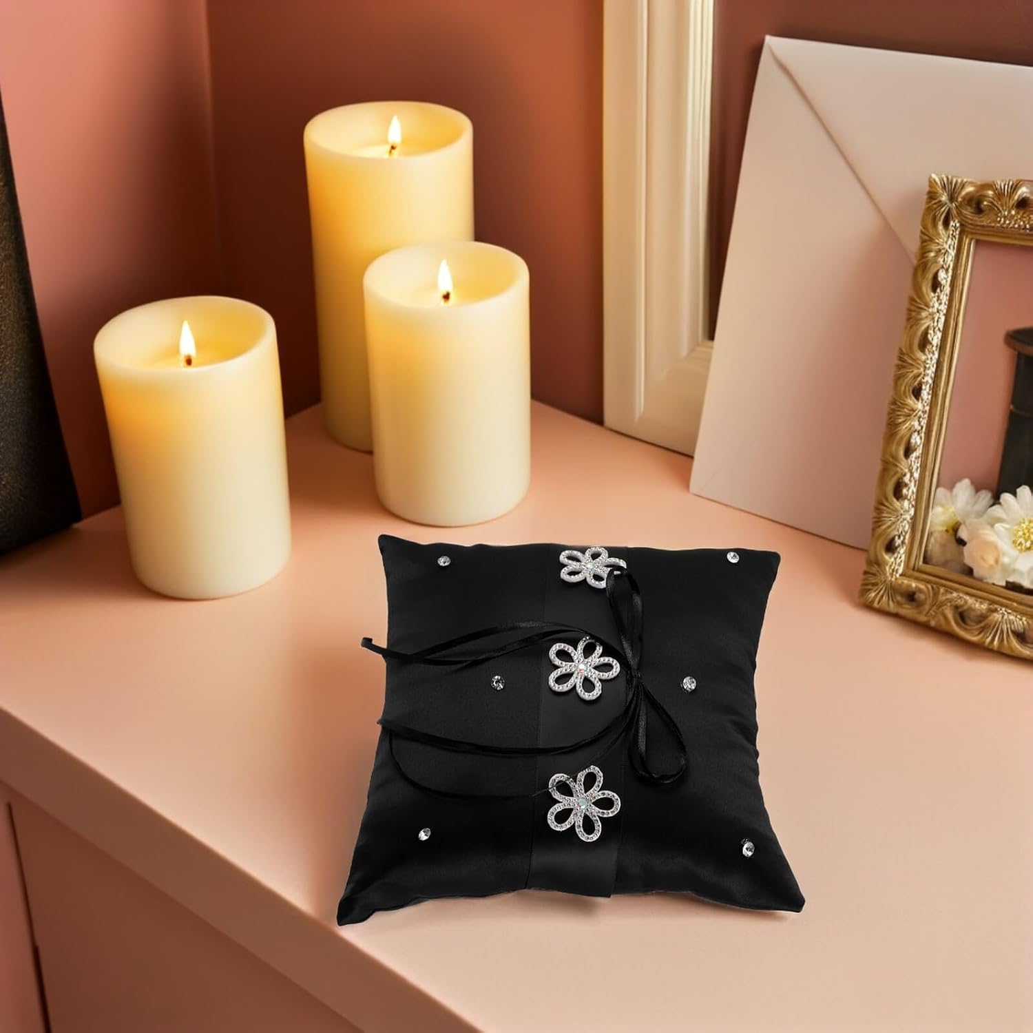 SECFOU Black Lace Wedding Ring Bearer Pillow, Small Rustic Bridal Cushion with French Vintage Lace, Engagement Ring Display Pillow for Ceremony and Wedding Decor