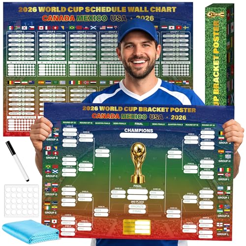 HiFulerr World Cup Bracket Poster 2026 (2 Pieces) 16.523 inch Soccer Tournament Wall Chart with Dry Erase Marker & Cloth Knockout Schedule Poster Fan Gift & Party Decorations