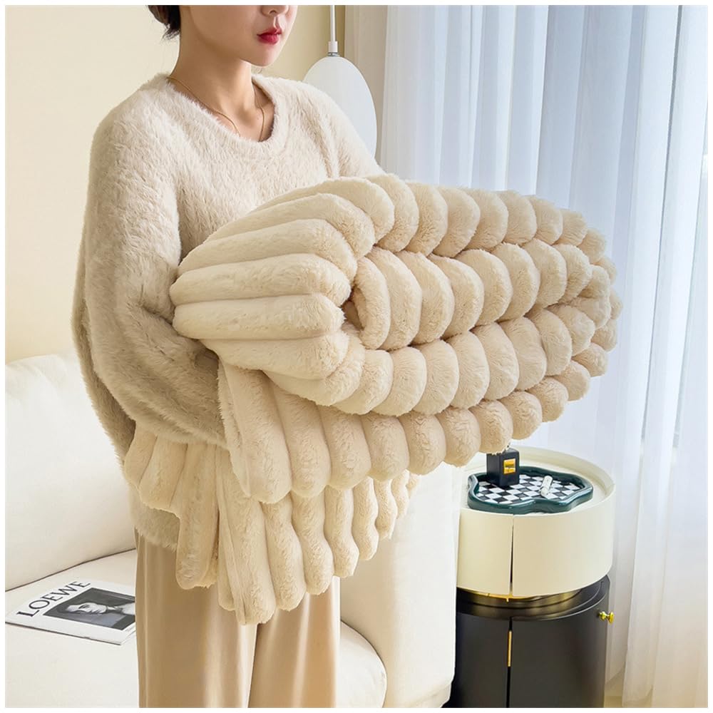 NUODWELL Manta suave y esponjosa, manta de forro polar súper acogedora y cálida, manta de felpa de conejo de doble grosor para cama, sofá, silla (blanco crema, 150 x 200 cm)