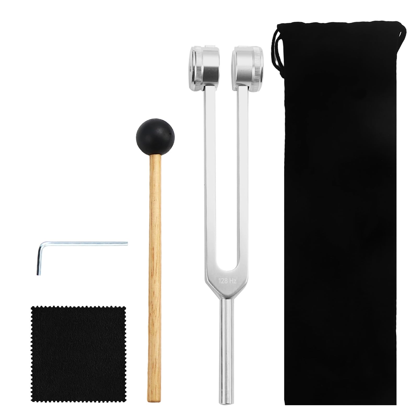 5 Diapasón terapéutico 128 Hz con martillo de silicona, Diapasón vibratorio de aleación de aluminio, kit con bolsa y paño de limpieza para relajación, meditación, equilibrio vibratorio