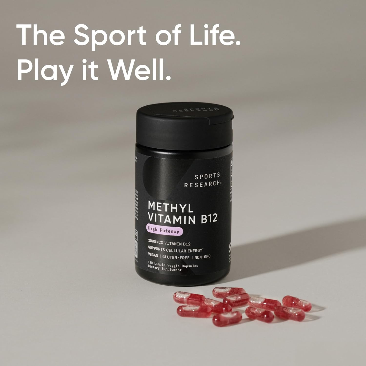 Sports Research® Vitamin B12 as Methylcobalamin 5000mcg - High Potency Vegan B12 w/Coconut MCT Oil for Energy Metabolism Support - Vegan Certified · Non-GMO · Gluten Free - 120 Liquid Caps