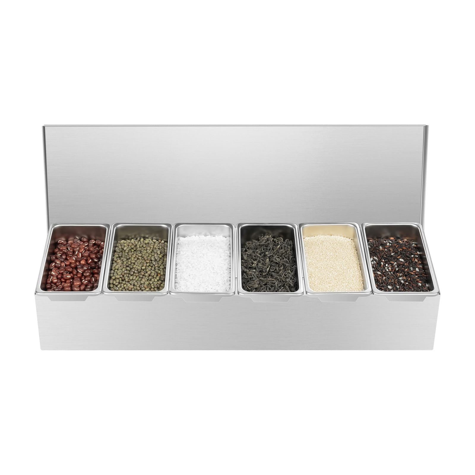 Récipient à ingrédients à pizza - En acier inoxydable - Pour station à pizza - Pour cocktails et boissons - Avec 6 inserts et couvercle - 46 x 15 x 9 cm