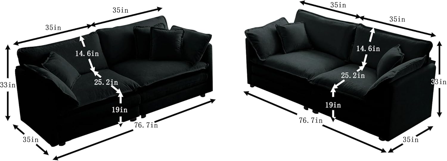 Modular Sectional Loveseat Set, Stylish Upholstered Cloud Sofa Set with Pillows and Thick Cushions, Modern Comfy Chenille Lounge Deep Seat Couch Set for Living Room, Apartment, Office, Black