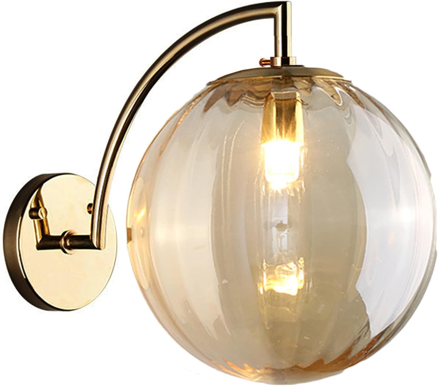 KBUUKYYXouy Renter Friendly Post Modern Nordic Glass Wall Sconce Industrial Farmhouse Mid Century Wall Light Green Gray Amber Ribbed Glass Ball Round Bathroom Wall Mounted Lamp(Amber)