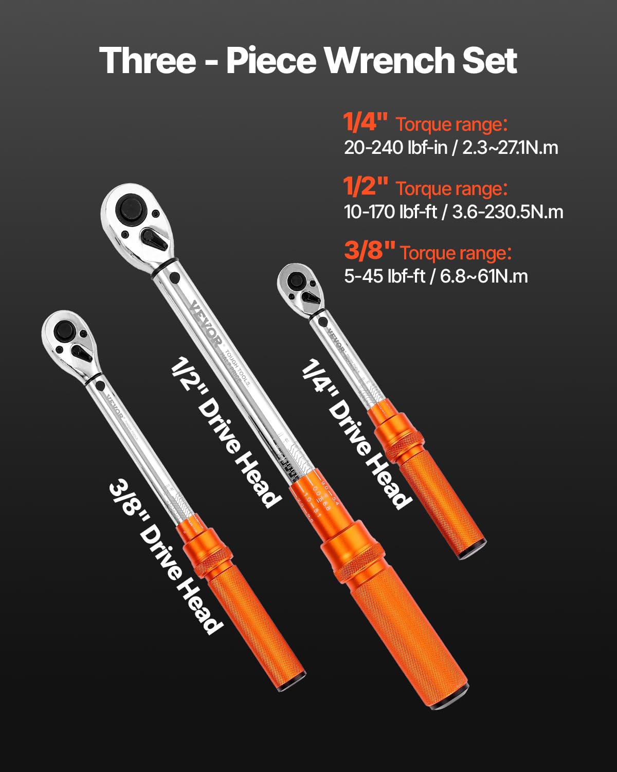 VEVOR Set Chiavi Dinamometriche Clic, 3 Pezzi, 10-170 lbf-ft 5-45 lbf-ft 20-240 lbf-in Chiave Dinamometrica a Scatto, Bidirezionali e Bilance a Doppia Portata, 72 Denti, per Riparazione Biciclette
