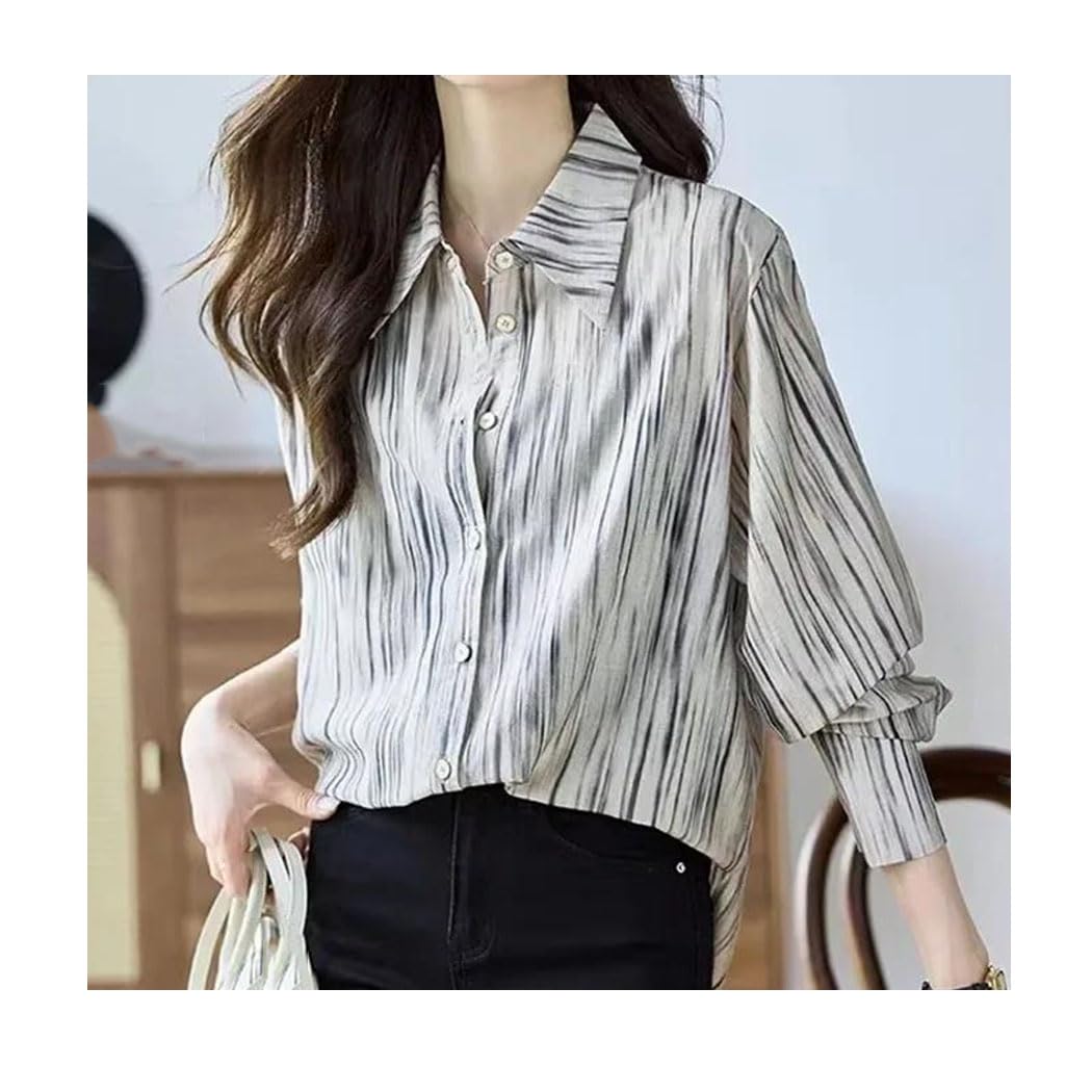 Camisa de gasa de manga larga a rayas con cuello vuelto para mujer, camisa de vestir para oficina