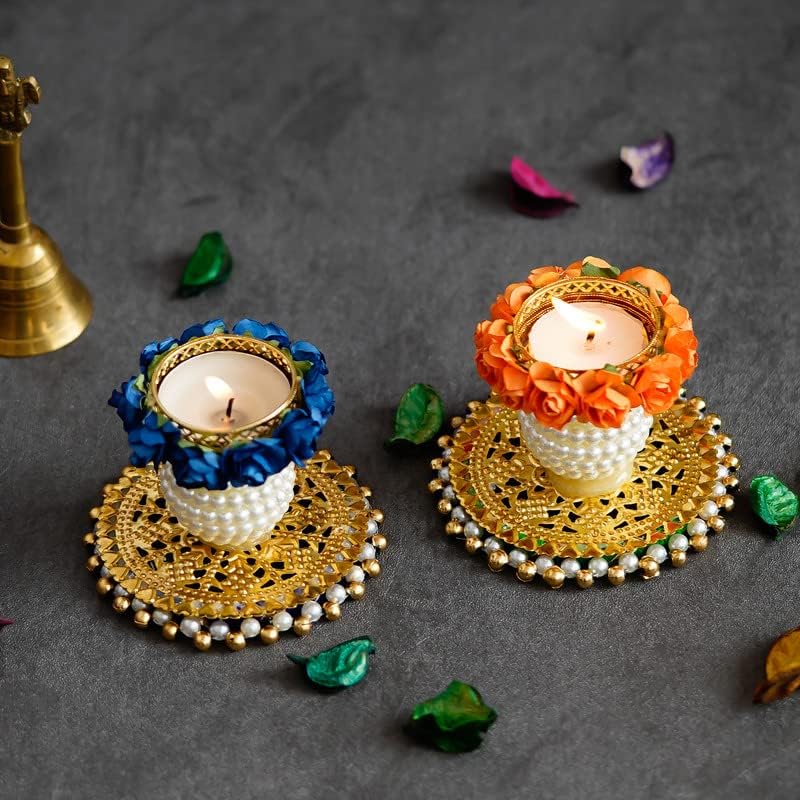 Divyakosh Multicolour Pearl Decoration Candle Holders/Rangoli Tealights for Puja Decor|Tealights, Lotus Diya for Pooja, Festival Decor|Lotus Deepam (Orange 10), Diya for puja