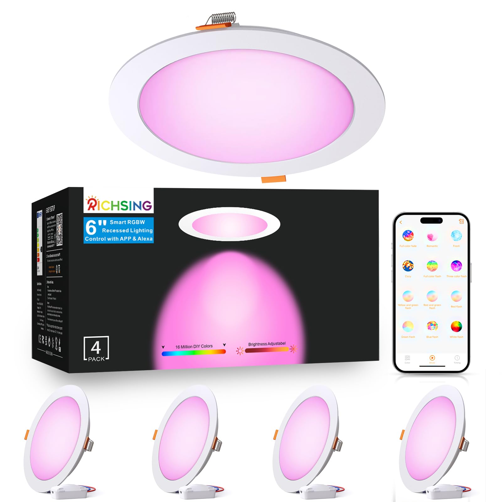 Smart Recessed Lighting 6 Inch Control with APP & Alexa, 16W 5000K High Brightness Color Changing RGBW Smart Canless LED Recessed Lights Dimmable Downlight with Junction Box -4Pack