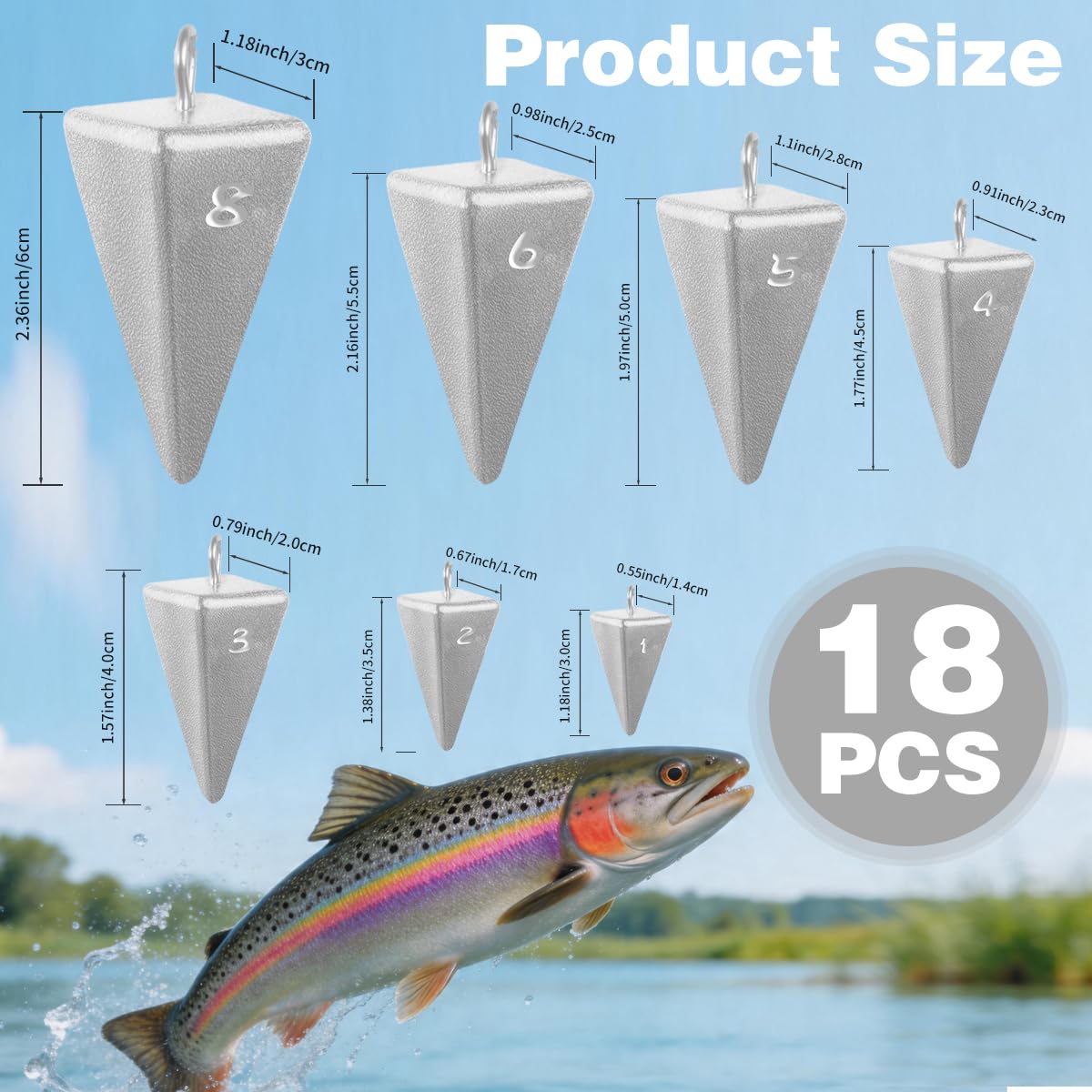 Juego surtido de pesas de pesca de pirámide, 18 plomos piramidales de plomo de 1 onza, 2 onzas, 85 g, 4 onzas, 5 onzas, 6 onzas, 8 onzas con 2 toboganes, pesas de pesca de surf para aparejos de pesca