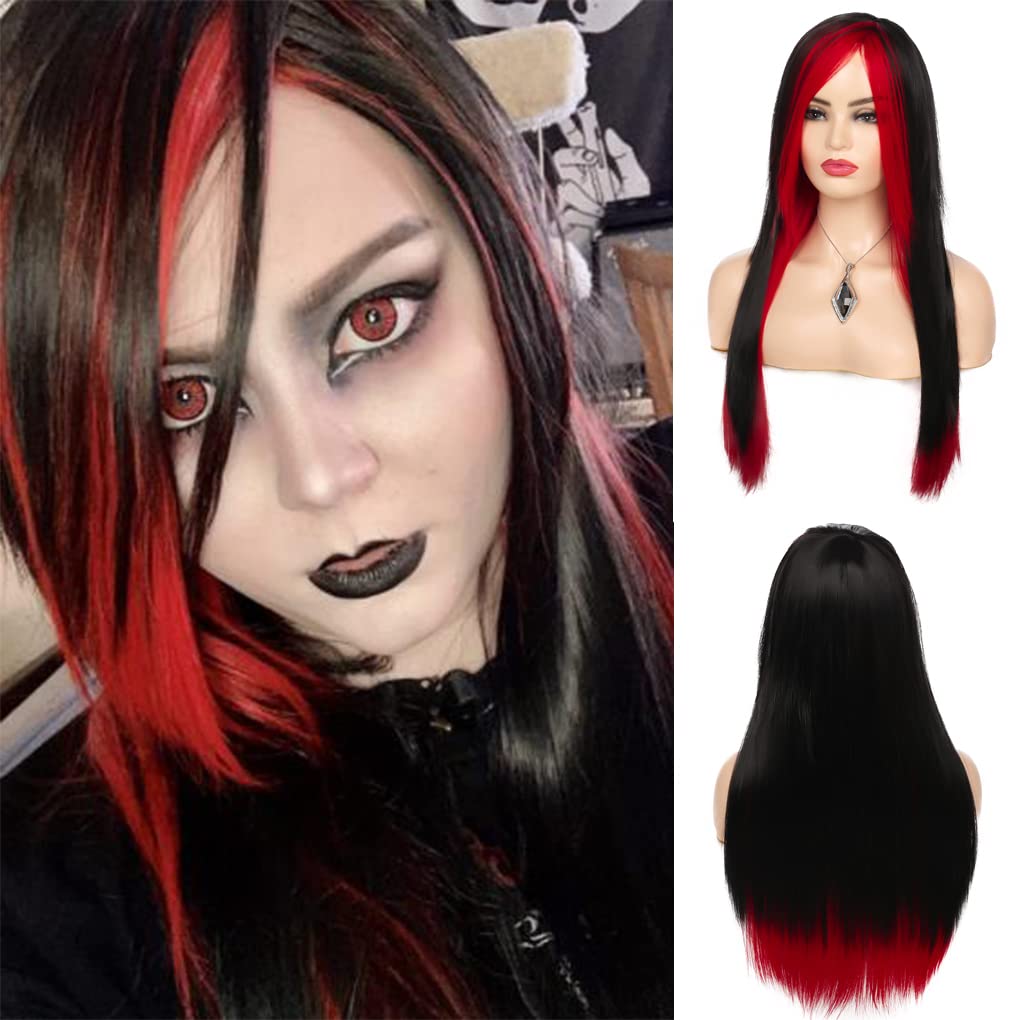 RicHyun Red Black Wig Long Straight Wig with Side Bangs Synthetic Heat Resistant Costume Halloween Wigs for Women Girls