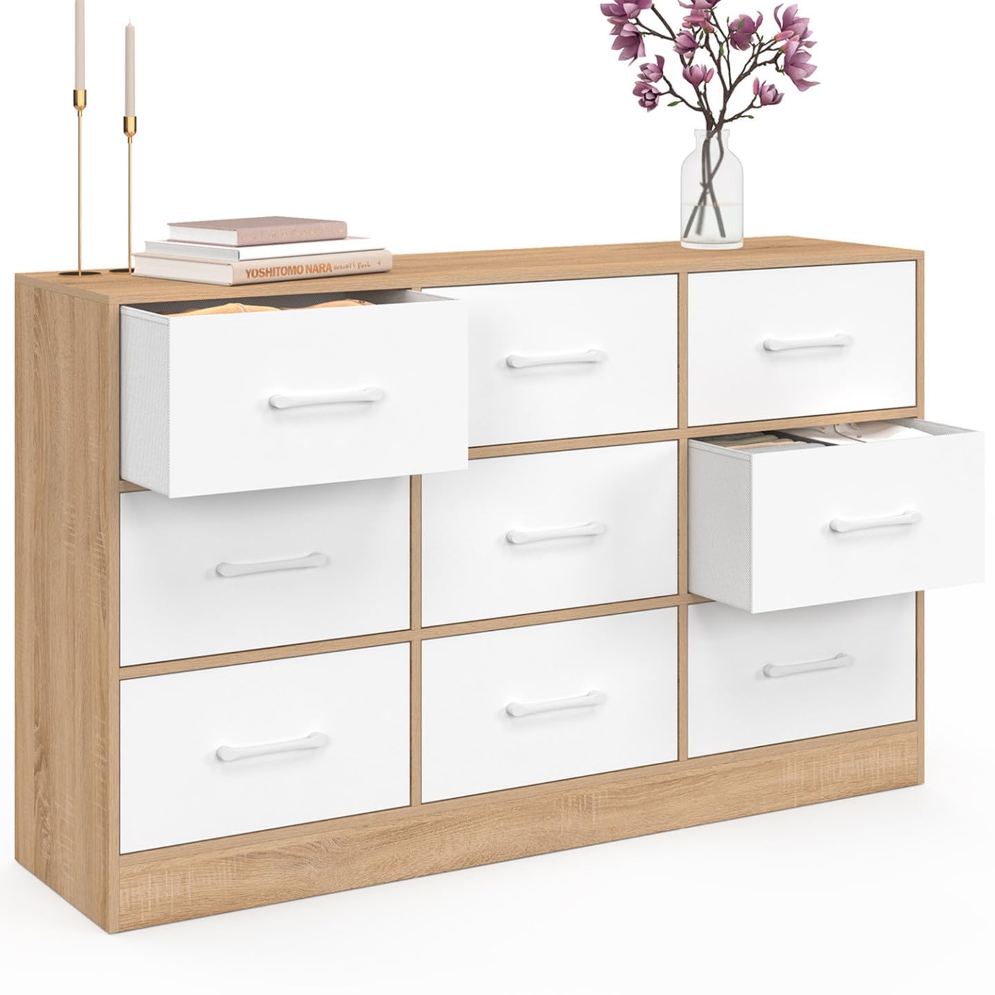 IDMarket - Commode 9 tiroirs en Tissu UPPAH 113 cm Meuble de Rangement Bois façon hêtre et Blanc