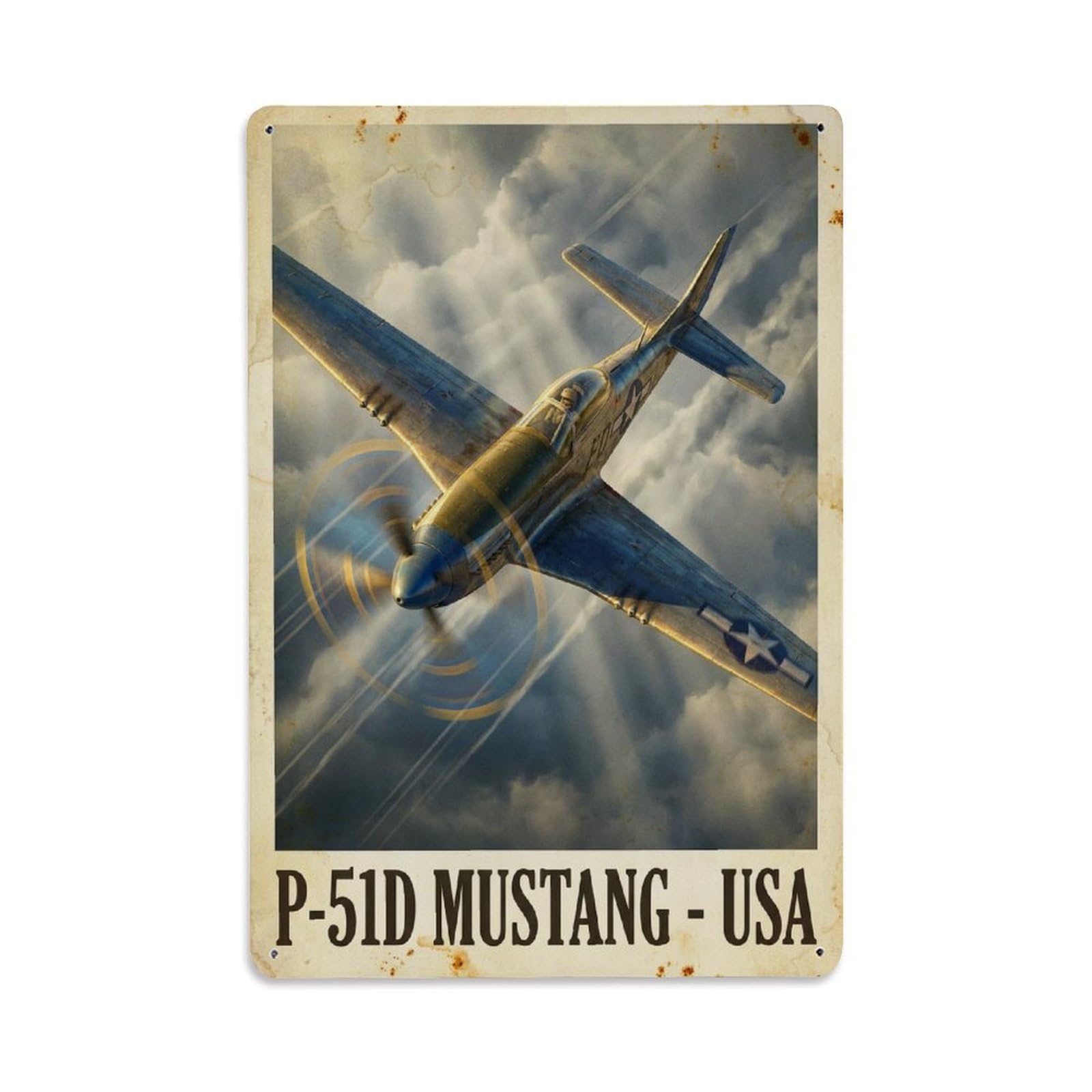 US WWII Military P-51D Mustang Heroic Realism Metal Tin Sign Plaque Wall Decor for Cafe, Man Cave, Club Bar, Office, Home Garden Round Metal Poster 8x12Inch