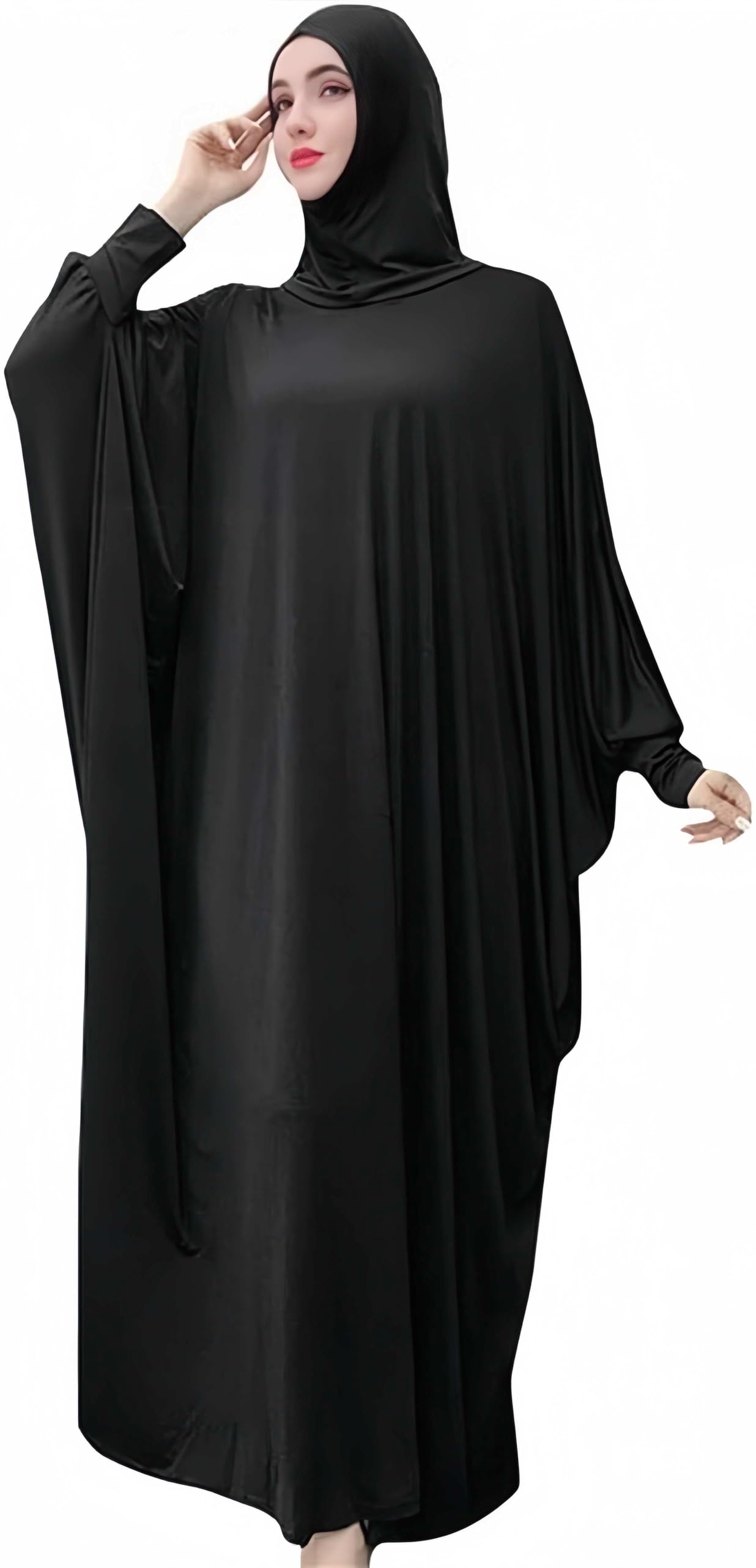 Women's Solid Muslim One-Piece Prayer Dress Abaya Kaftan with Hijab Full Length Dress